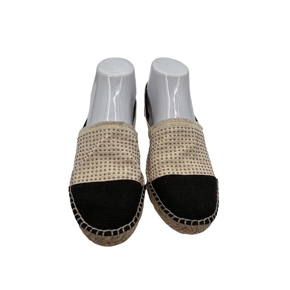 Rebecca Minkoff Tan Black Espadrille Studded Cap Toe Flats Size 7 1/2 Women’s - Picture 3 of 10